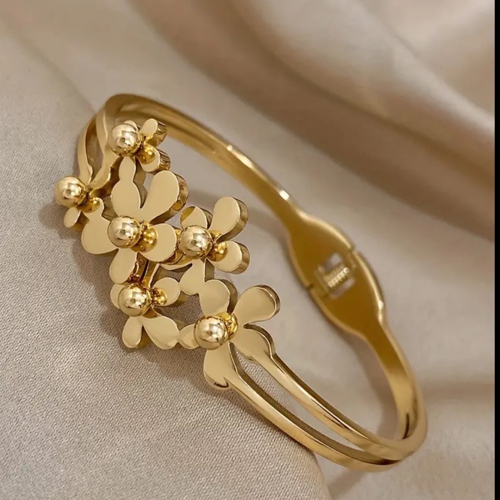 Women’s Gold Plated Abloom Dainty Bracelet Floral Blossom Charm Bangle, Feminine
